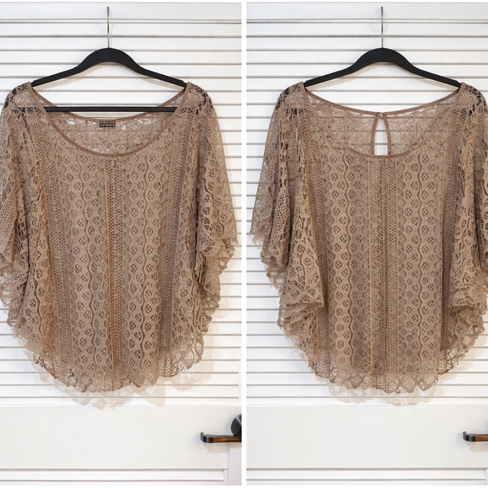 Joyce Leslie Taupe Crochet Lace Dolman Top